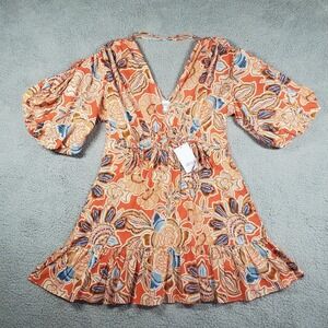 MISA Sari Floral Poplin Mini Dress Small Balloon Sleeve Cotton Boho V-Neck Fairy